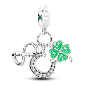 Lucky Horseshoe Clover S925 Silver Dangle Charm, fits Charm Bracelet,